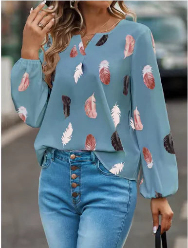 Women's Long Sleeve V-Neck Blouse – Feather Pattern, Breathable, for Autumn/Winter