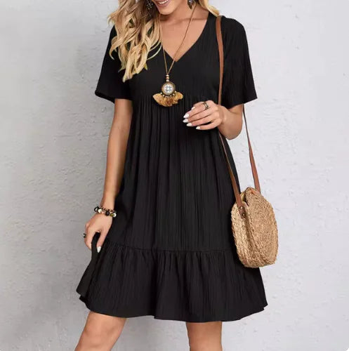 Solid Color V-Neck Midi Dress