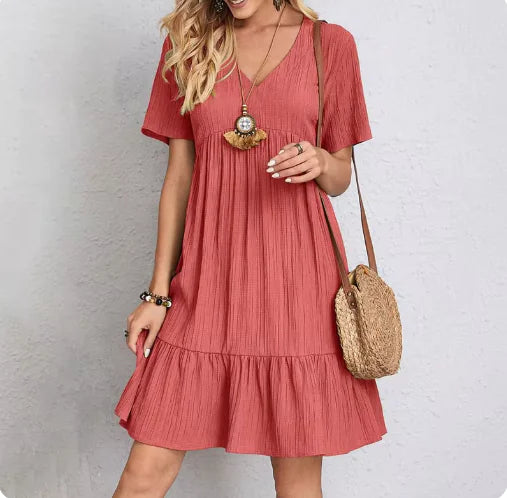 Solid Color V-Neck Midi Dress