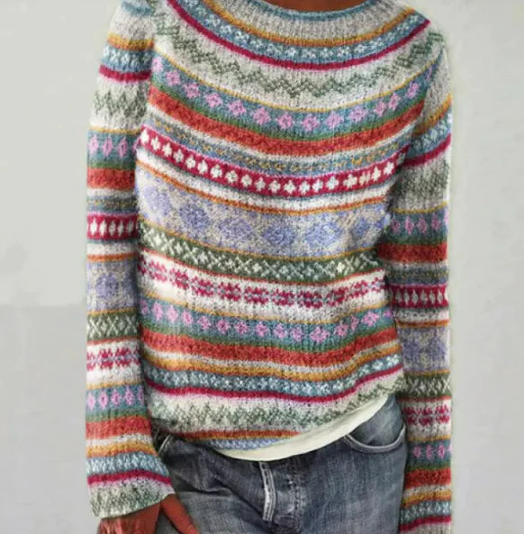 Women's Round Neck Multicolor Pullover Sweater