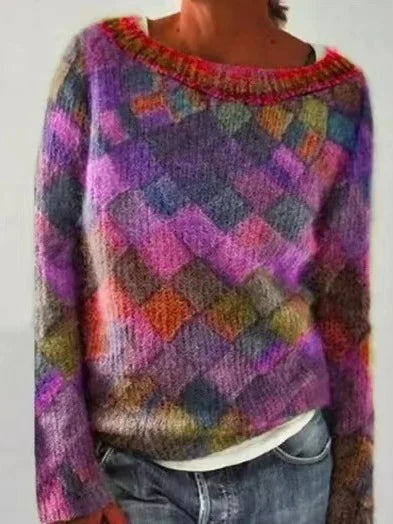 Women's Round Neck Multicolor Pullover Sweater