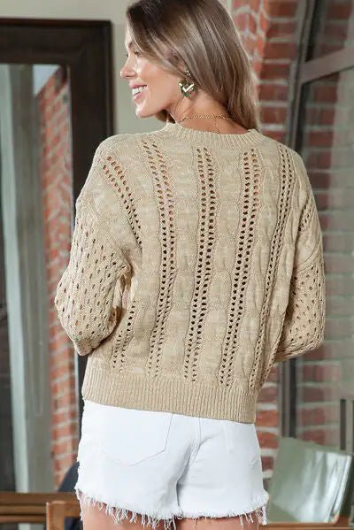 Full Size Openwork Cable-Knit Round Neck Knit Top-