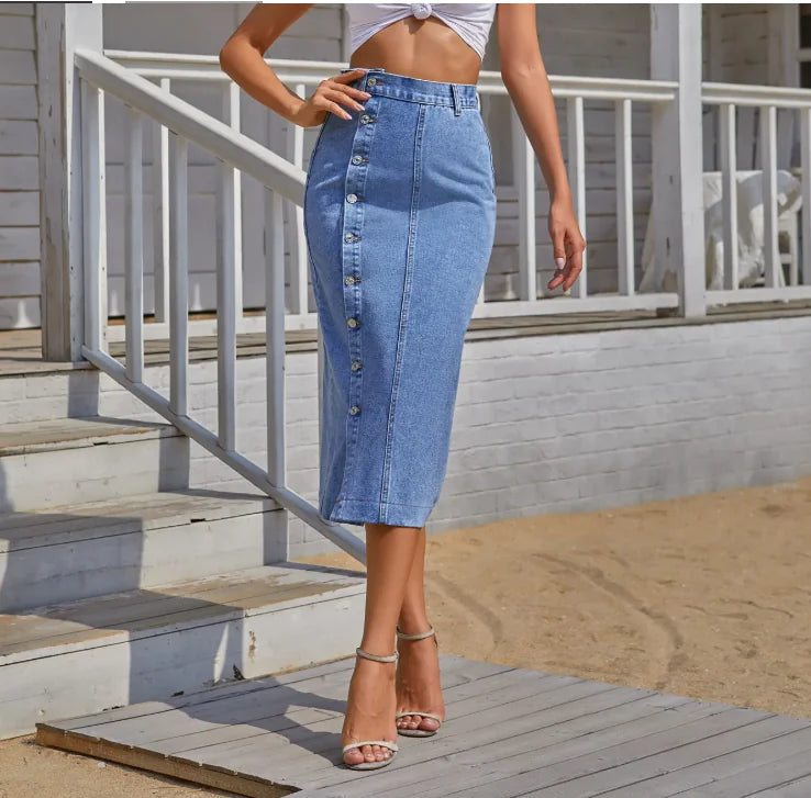 High-Waist Button Slit Denim Skirt