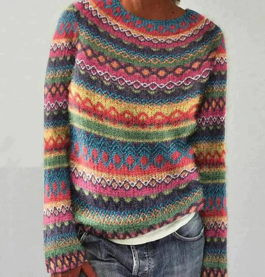 Women's Round Neck Multicolor Pullover Sweater